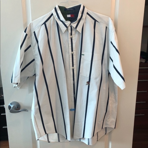 Tommy Hilfiger White Navy Stripe Button Shirt - Picture 1 of 11